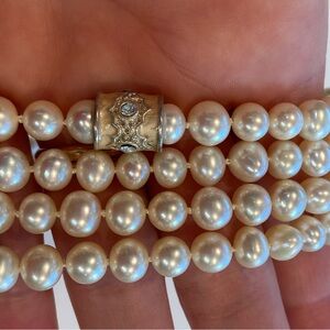 Freshwater pearls creamy white, hand knotted 57” necklace and bracelet set